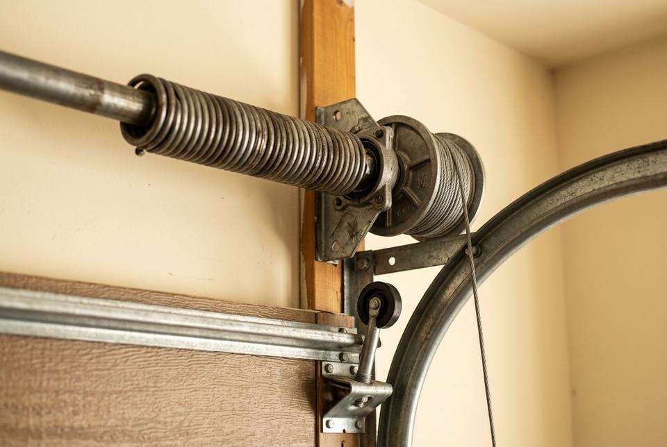Concept image: garage door torsion spring, cable drum and roller track.